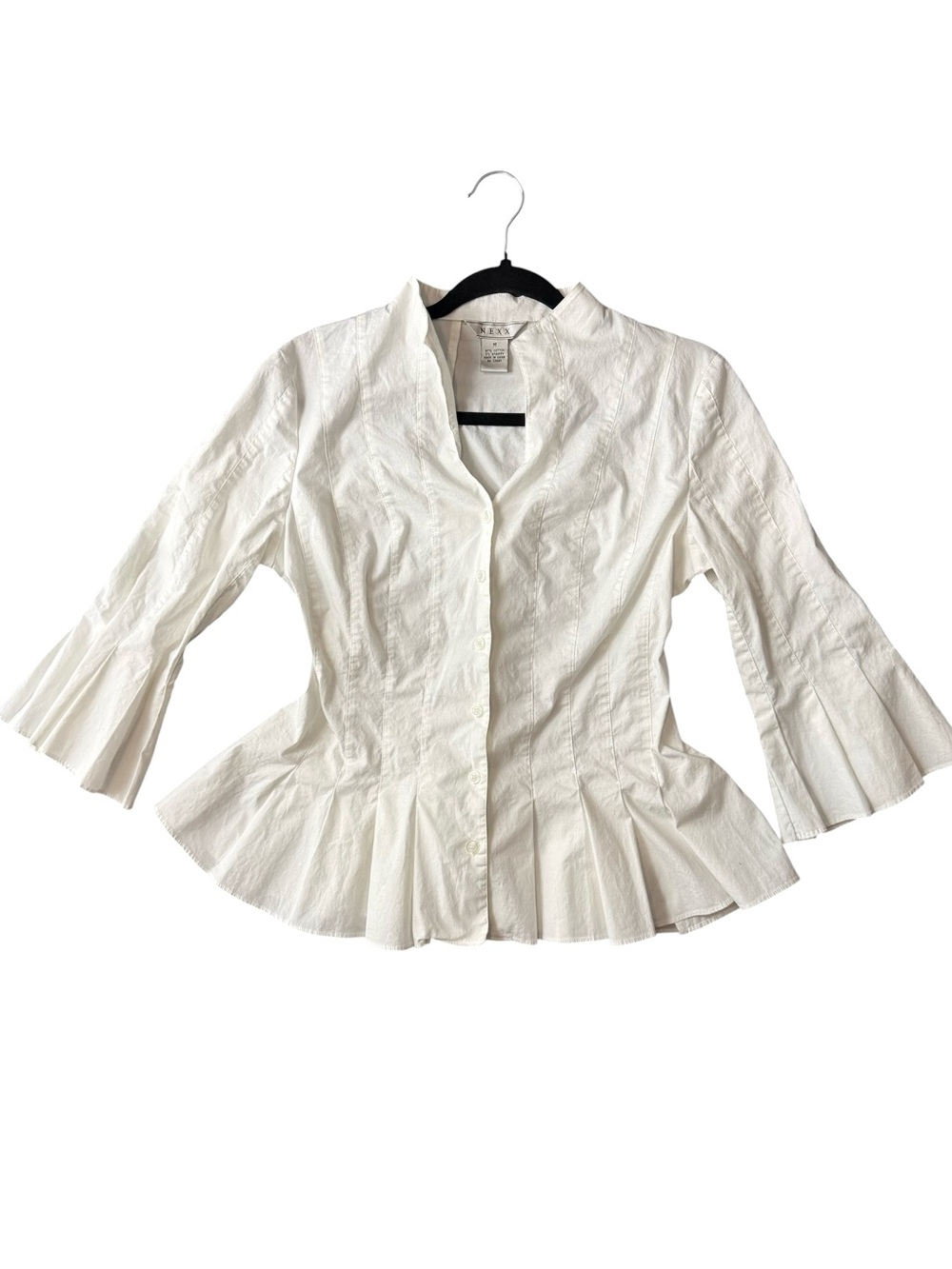 NEXX White Peplum Blouse Bell Sleeve Stretch Cotton Button Front Medium